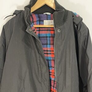VTG Windsor Bay Women's L Black, Plaid Lined Down Coat, Zipped, Hooded- Y2K- 90s
